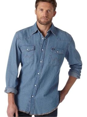 WRANGLER Men’s Chambray Snap Work Shirt Stonewash Western Rockabilly Size XL